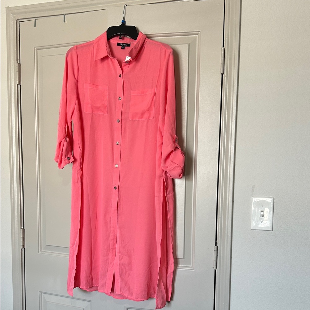 Express Coral Long Sleeve Shirt Dress
